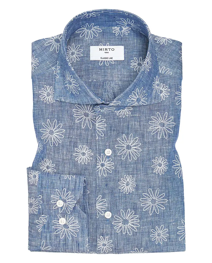Camisa casual de lino estampado floral azul
