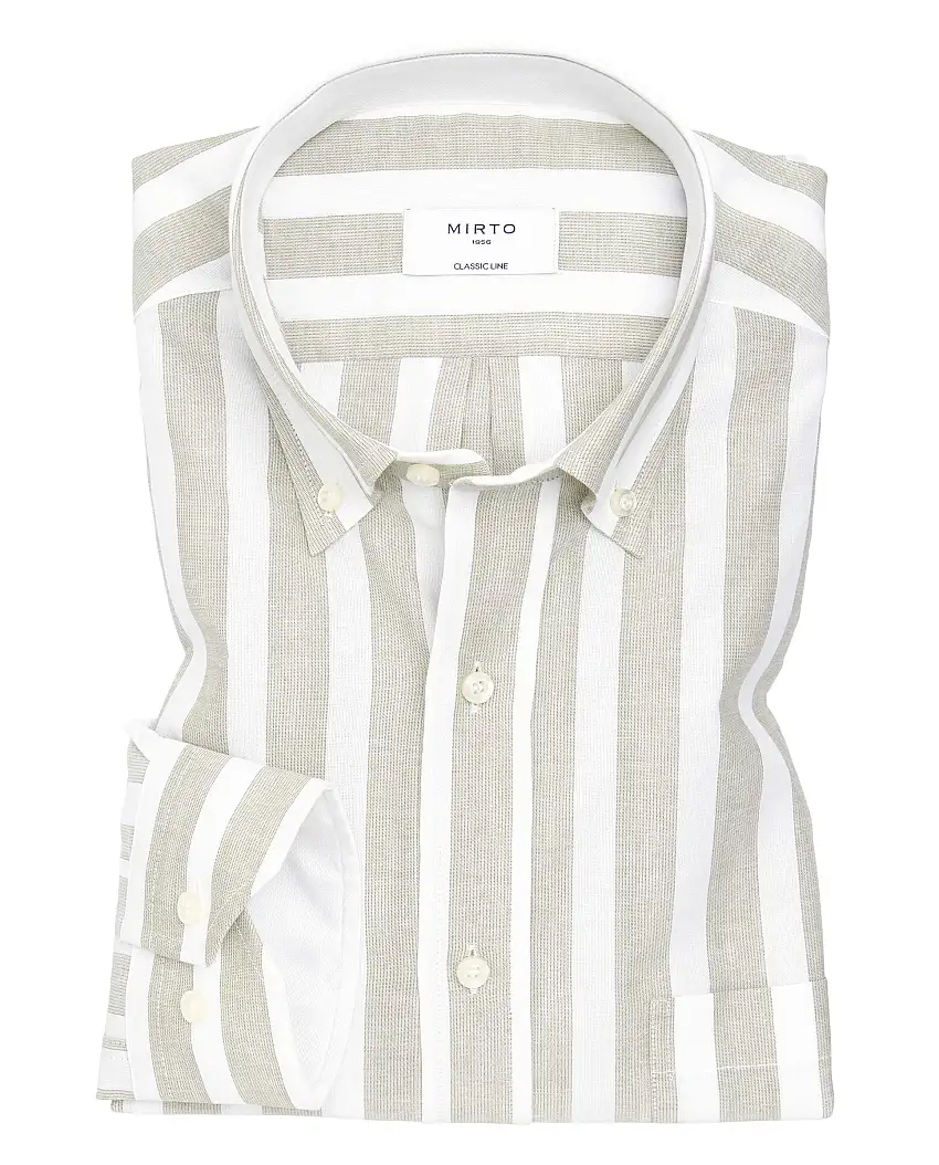 Camisa casual algodón y lino rayas caqui y blanco