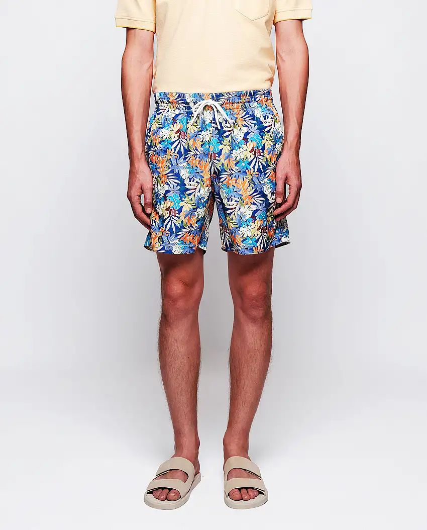 Bañador estampado hojas azul y naranja