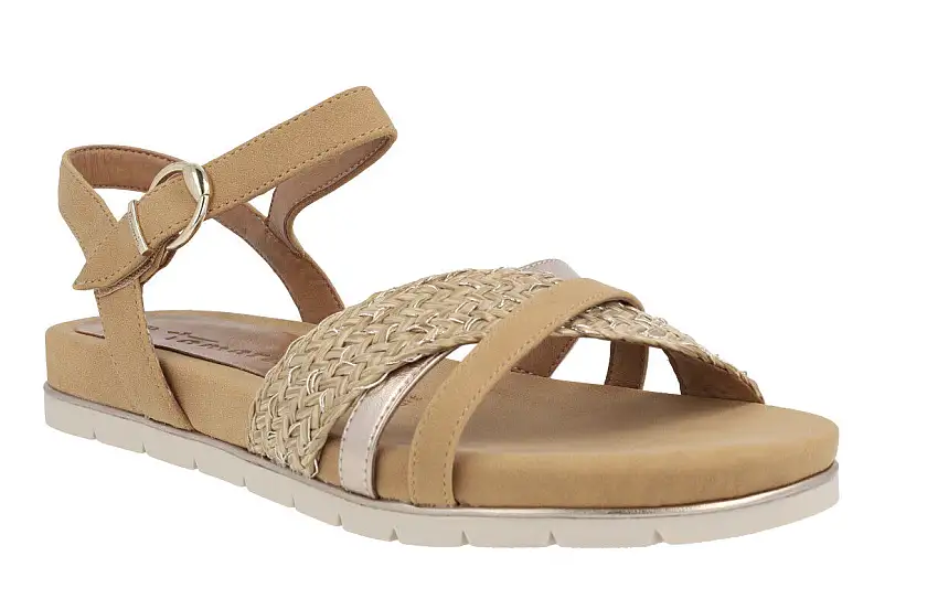 Sandalias multimaterial en combinado camel para mujer