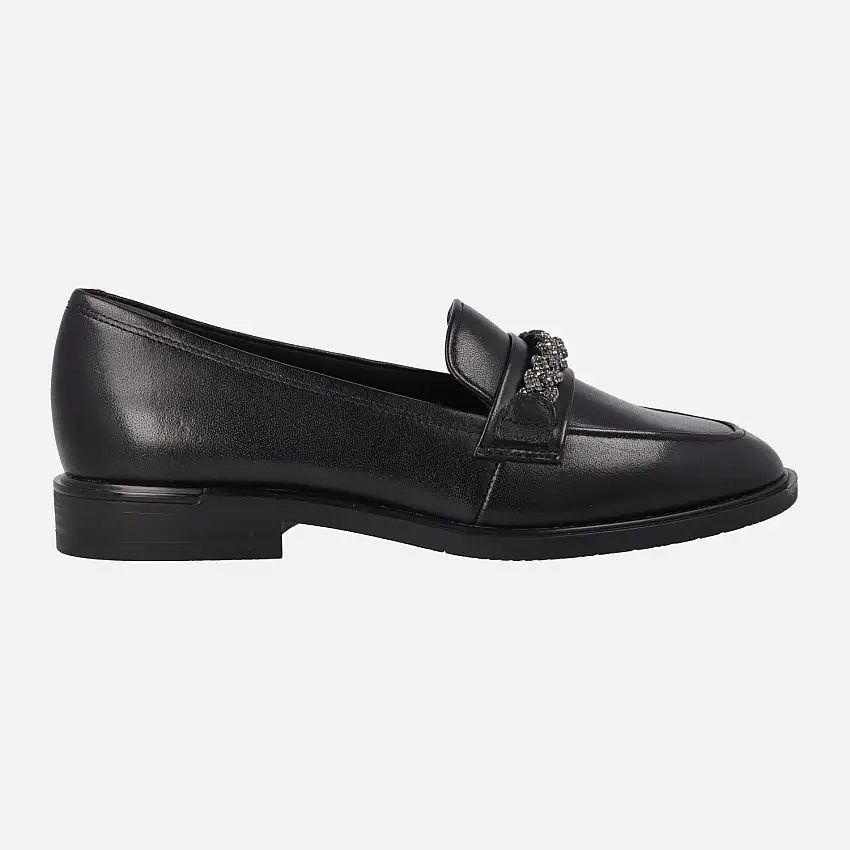 Mocasines negros de piel con adorno de pedrería para mujer