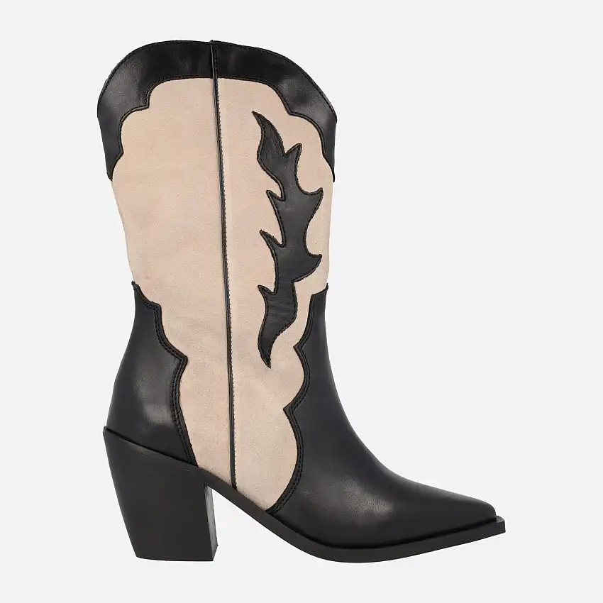 Botas cowboy en combinado bicolor negro y beige Sabela
