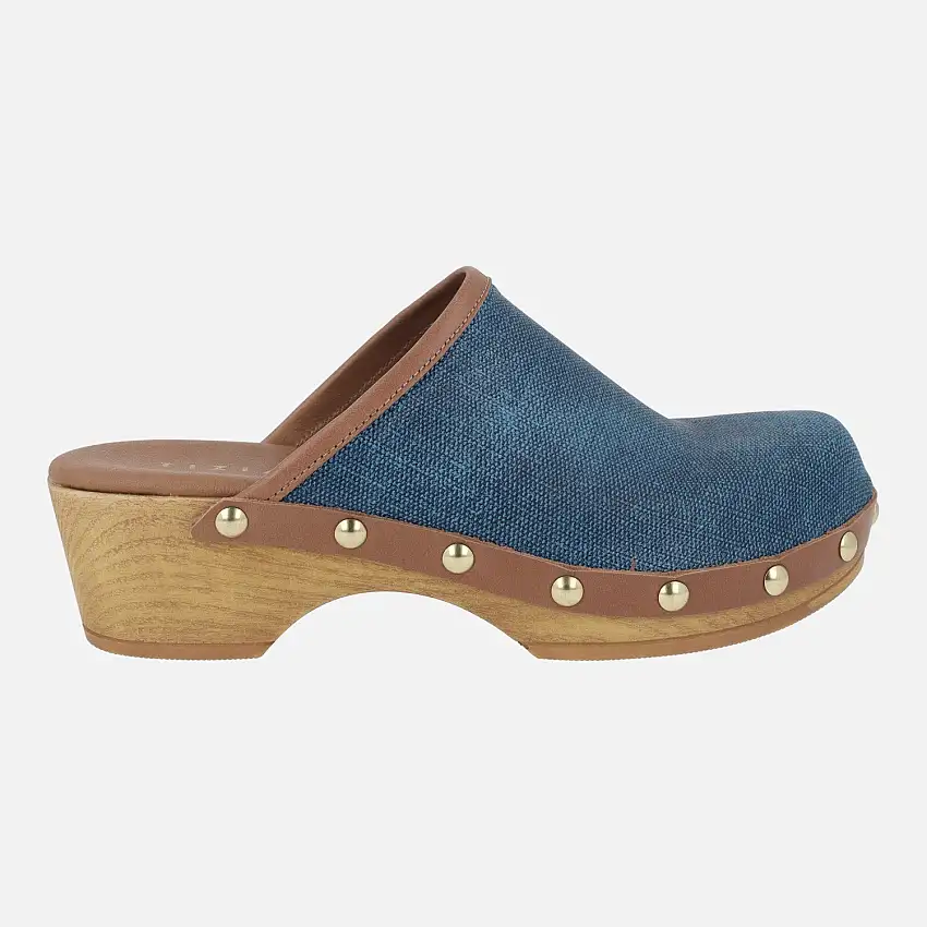 Zuecos Madelin en combinado de tejido denim y piel cuero