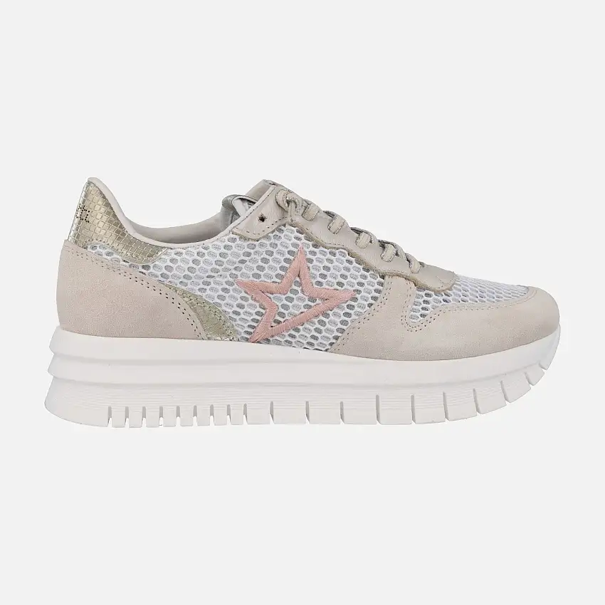 Zapatillas deportivas en combinado de piel y tejido rejilla con cordones elásticos