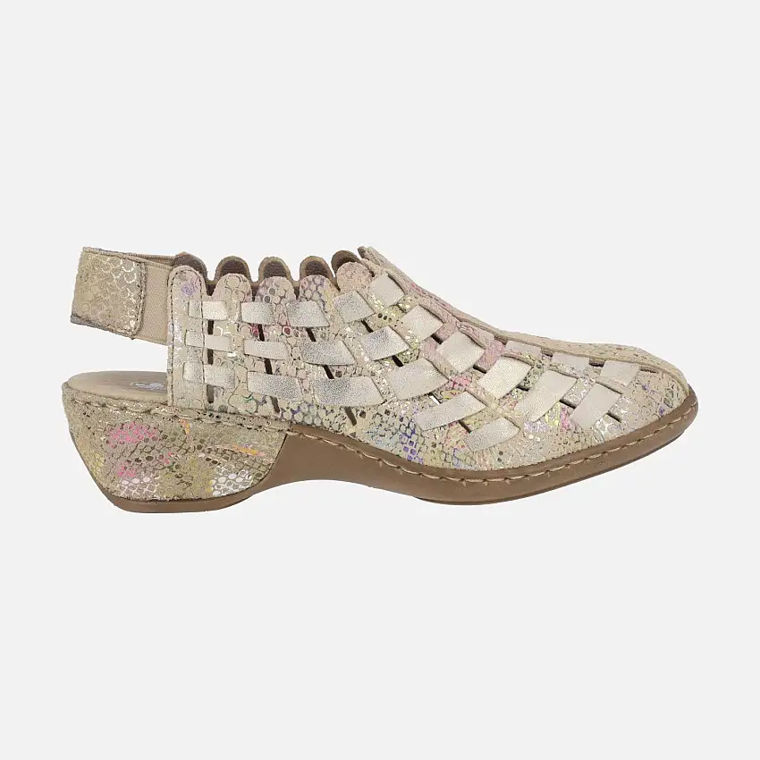 Zuecos confort en piel beige con estampado multicolor