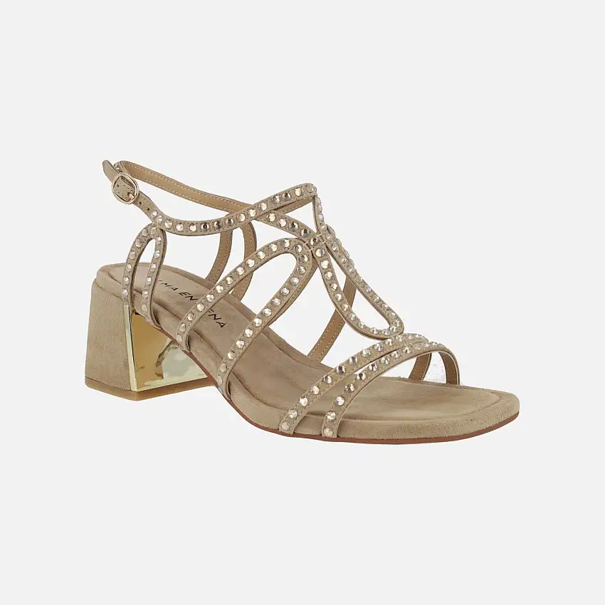 Sandalias de tacón en ante beige con detalles de strass