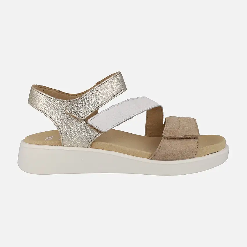 Sandalias de piel en blanco-camel-oro con cierre de velcros