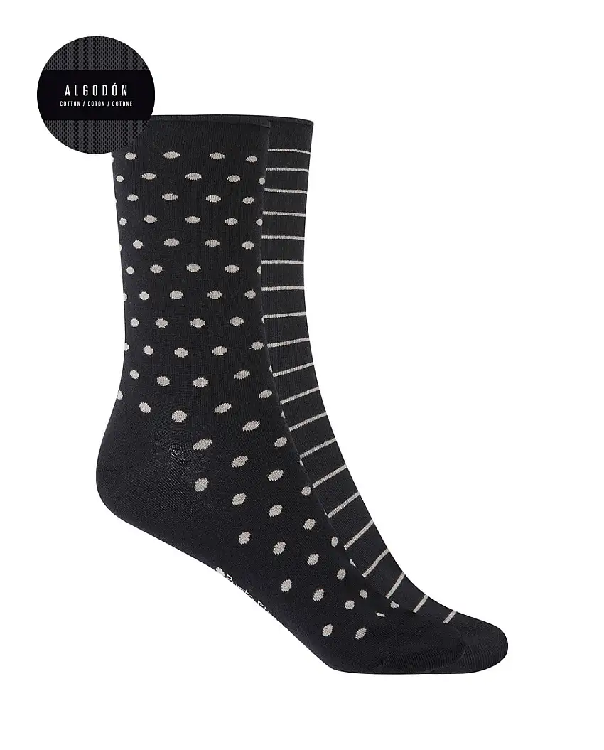 Punto Blanco 75638 Pack de 2 pares de calcetines de algodón-fantasía-puño roulé negro.