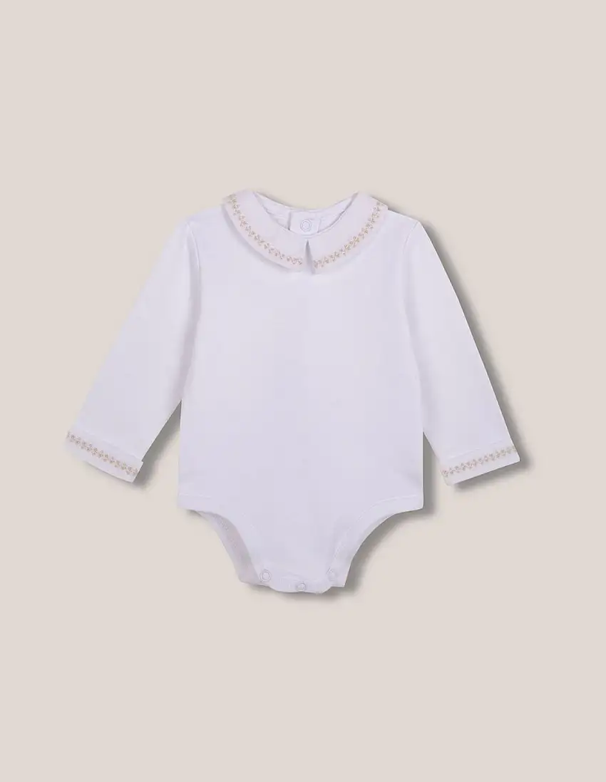 Body manga larga con cuello bordado blanco