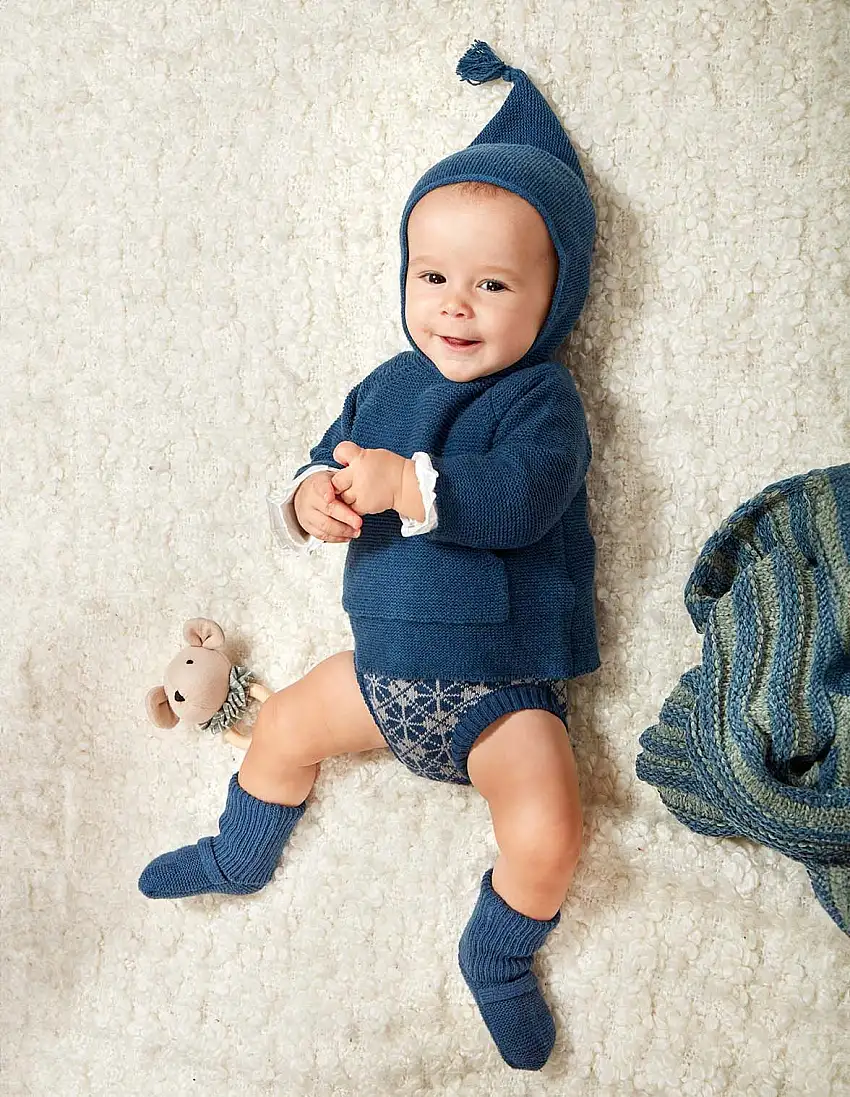 Jersey de punto bobo con capucha azul con lana
