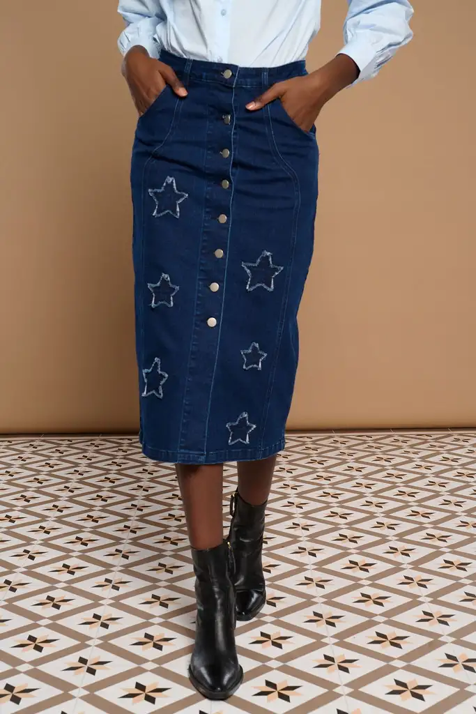 Falda Lápiz Midi Vaquera con Estrellas