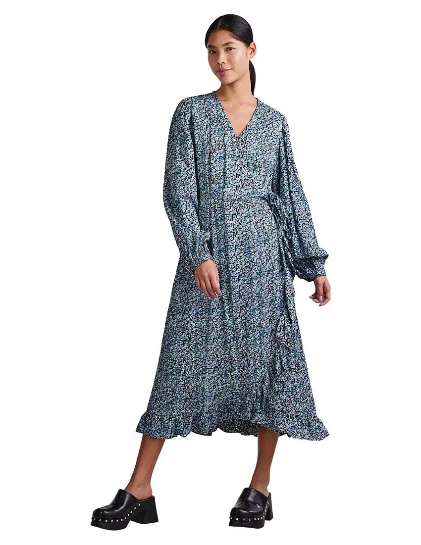 Vestido midi estampado Pieces Brock Azul