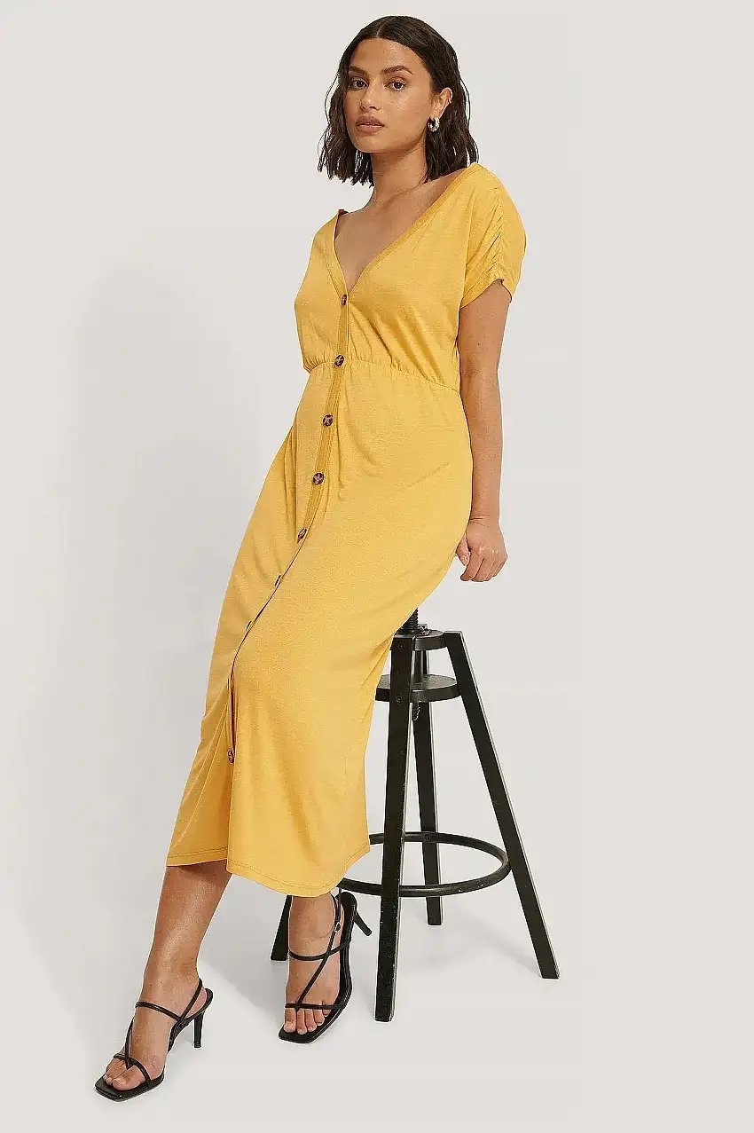 Deep V-Neck Button Detail Dress