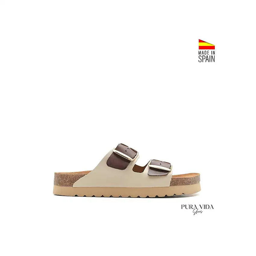 Sandalia bio hebillas cuero y beige