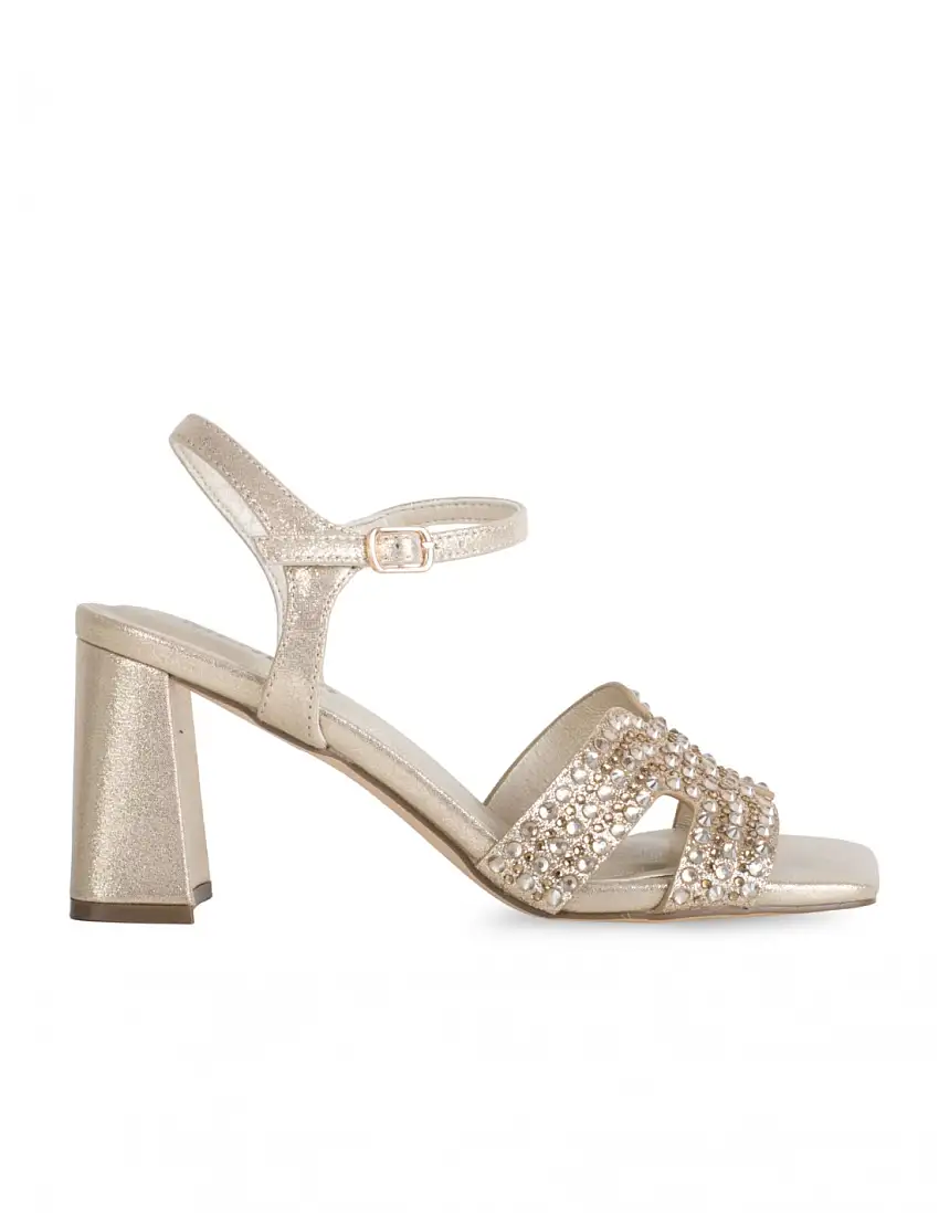 Sandalias Doradas Pedrería Tacón Ancho
