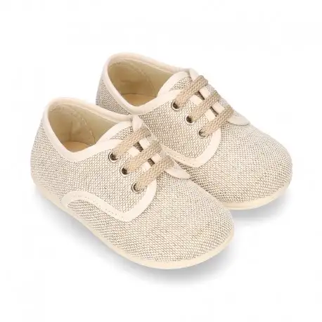 Zapatito niño tipo Blucher vestir con cordones en LINO NATURAL.
