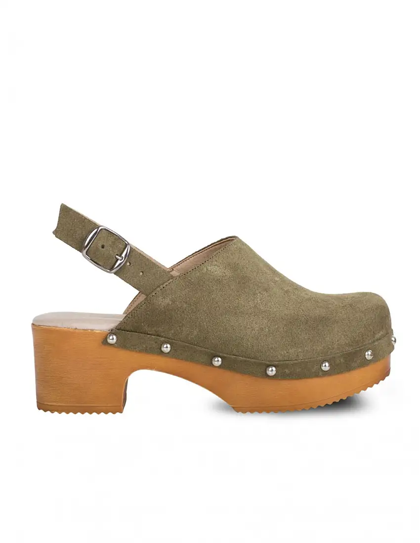 Zuecos Madera Tachas Tira Kaki PERA LIMONERA