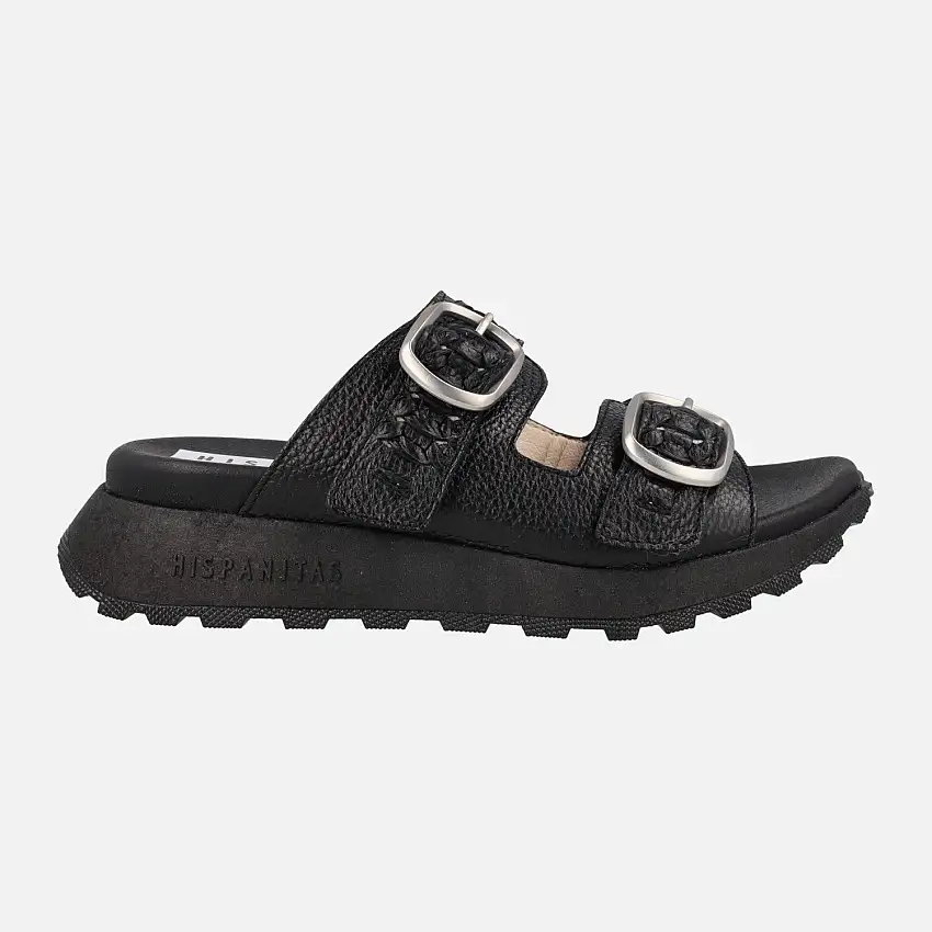 Sandalias negras de piel con dos hebillas plateadas Ambar