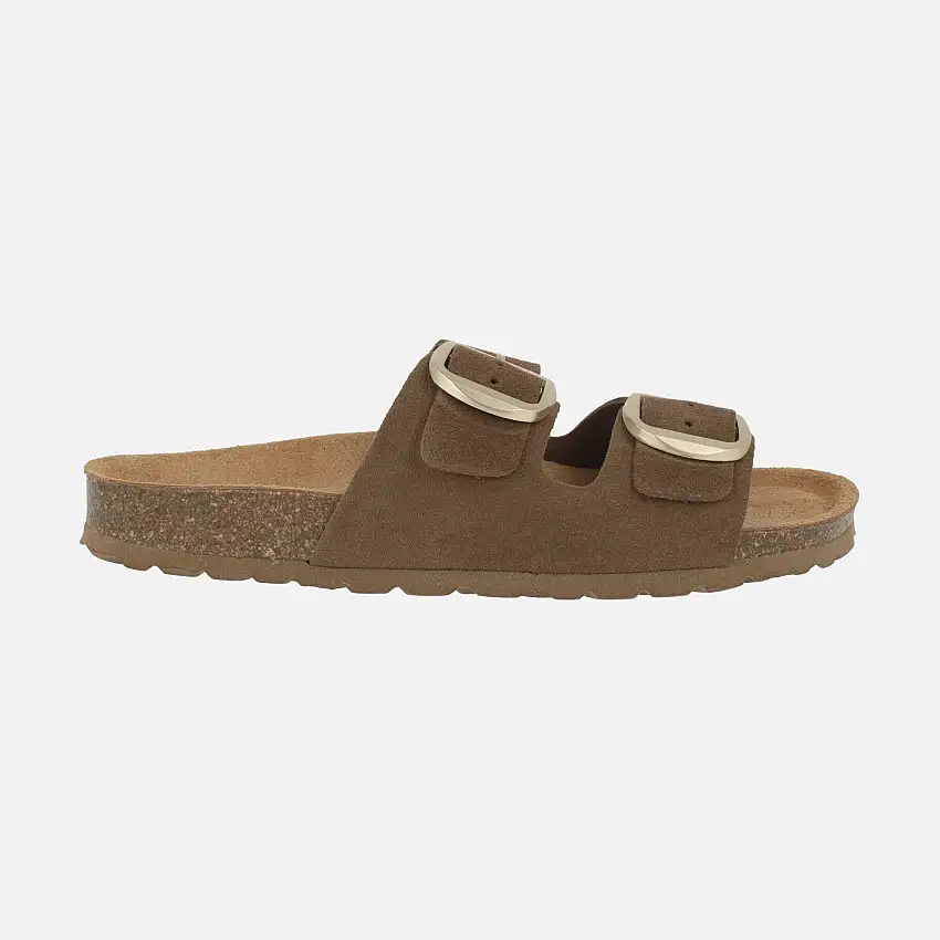 Sandalias bio en serraje marrón con dos hebillas doradas