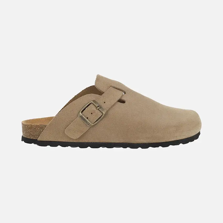 Zuecos para hombre con planta bio en serraje taupe con hebilla