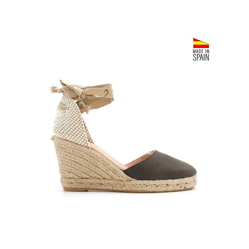Alpargata cuña marrón con cinta beige