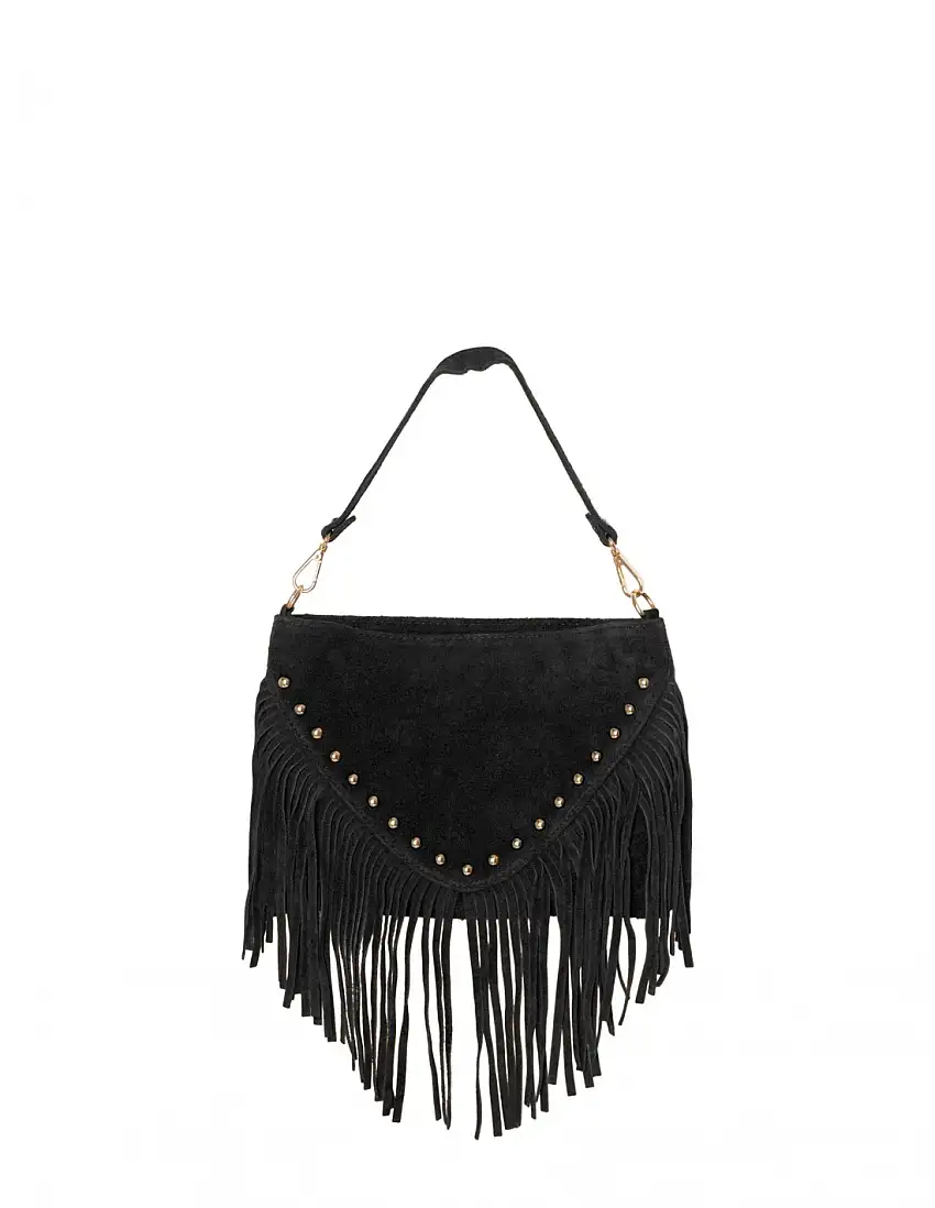 Bolso Piel Serraje Flecos Tachuelas Negro