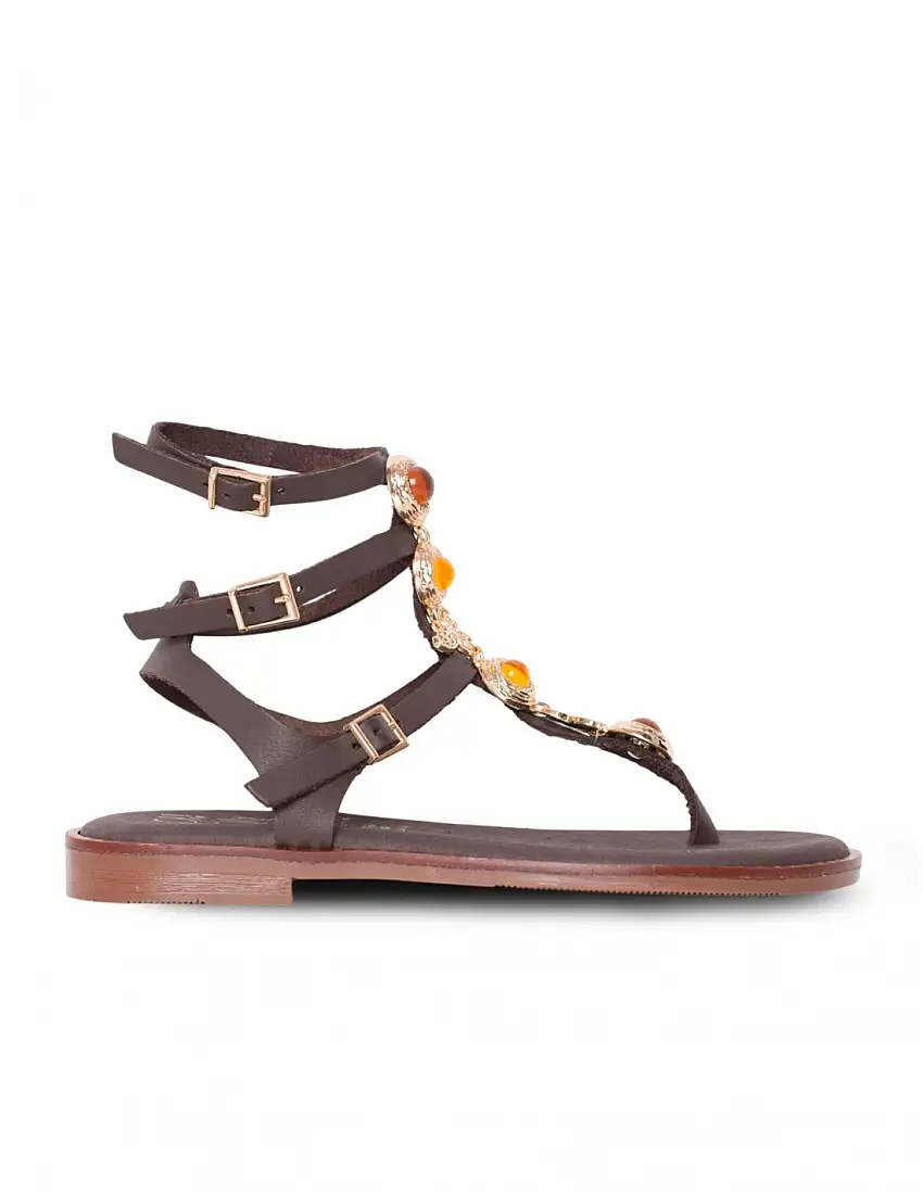 OH MY SANDALS Sandalia Romana Abalorios Joya Marrón