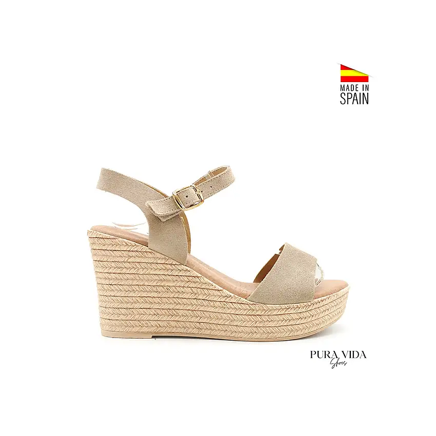 Sandalia beige cuña de piel serraje